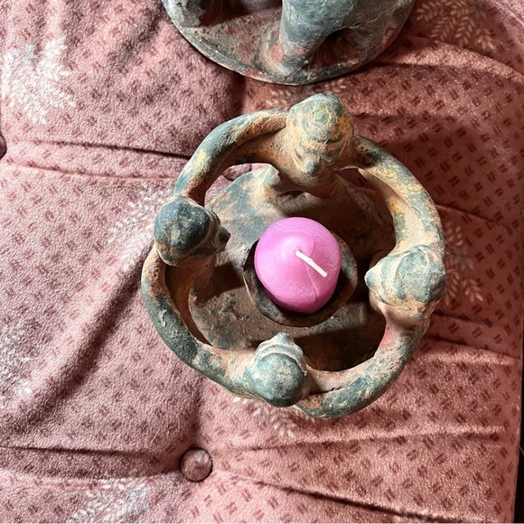 Vintage Aztec/Mayan Circle of Friends Terracotta Clay Candle Holder Set - Picture 7 of 10